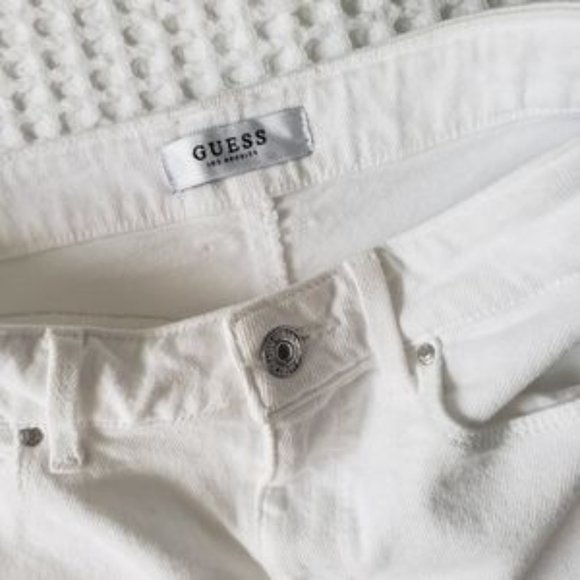 Guess Selene White Denim Stretch Shorts w/ Frayed Hem - Picture 12 of 15